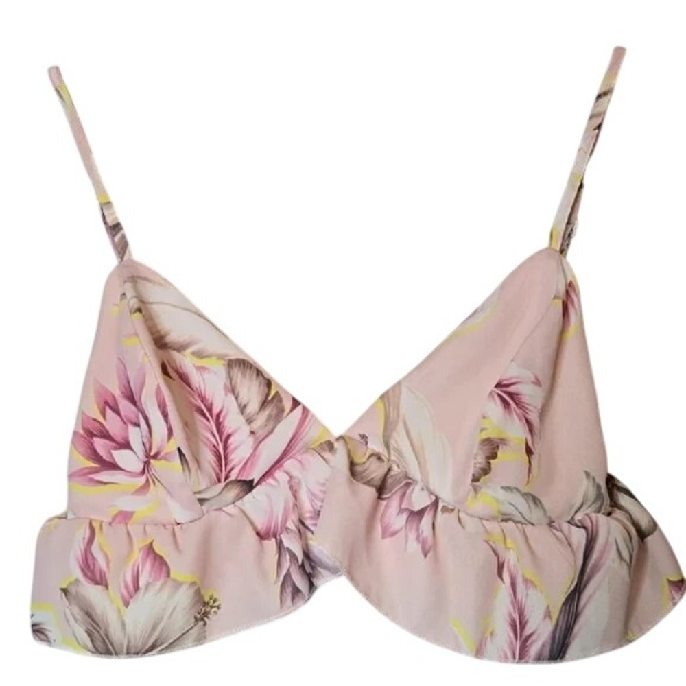 Missguided Tropical Print Frill Cropped Cami Top, Pink White, Vacation Summer, 4